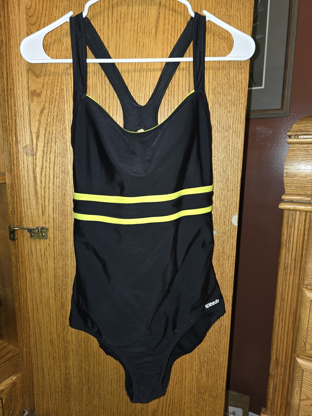 Speedo Women’s Black One-Piece Swimsuit with Yellow Trim